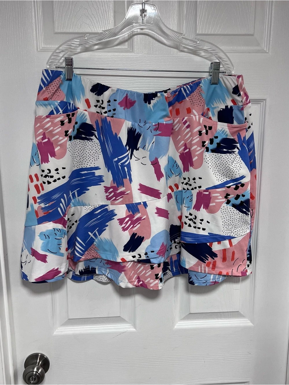 Abstract Brushstroke Print Ruffle Hem Skort - Pink & Blue - Size XL